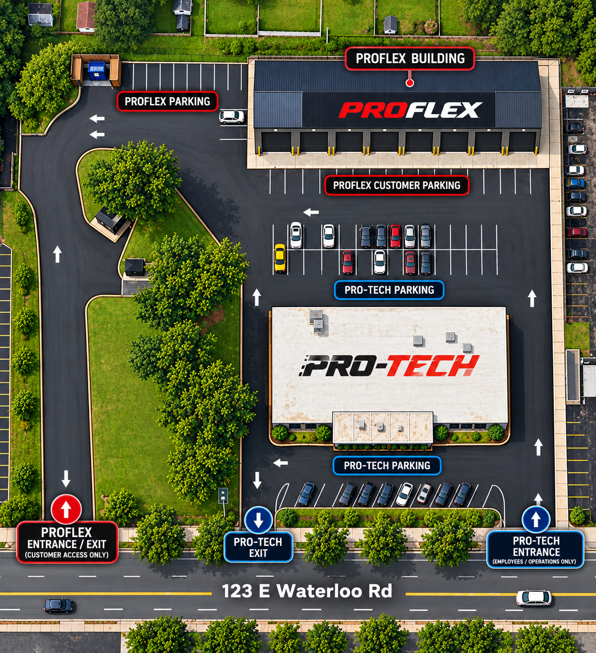 Illustrated map of PROFLEX customer parking and access at 123 E Waterloo Rd in Akron Ohio